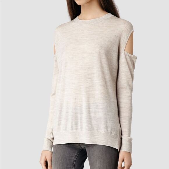 All Saints Elton Cream Merino Wool Sweater XS Cut Out Shoulder Lightweight - Picture 7 of 12